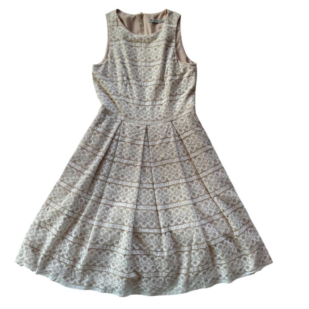 Eliza J Lace Overlay Fit and Flare Dress Size 6 Pleat Skirt Pockets Ivory
